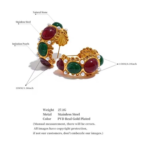 New ANTHRO 18k Gold C French Hoops with Red and Green Gems, Faux Pearls - Picture 9 of 12